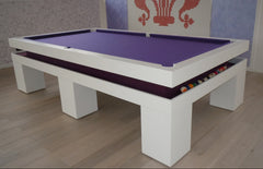 Luxury White Pool table with purple felt and pool balls on a wooden floor.