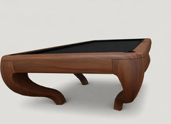 walnut pool table with a black felt surface on a white background