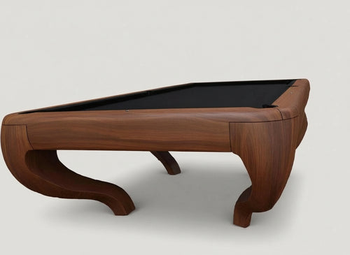walnut pool table with a black felt surface on a white background