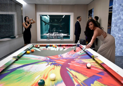 Damien Hirst Spin artwork on Burj Lucite Pool Table in the Palms Casino $100,000 a night Sky Villa - Pool Table Portfolio