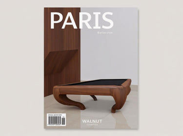 luxury walnut pool table with a black felt surface on a white background