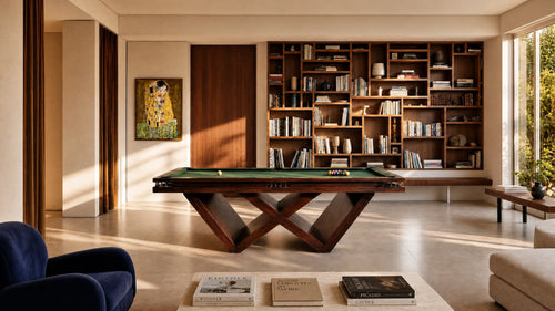 Modern living room with a w shaped wood pool table